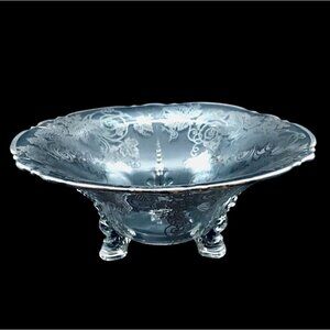Vintage Heisey Queen Anne Dolphin Foot Glass Bowl w/ Grape & Vine Silver Overlay